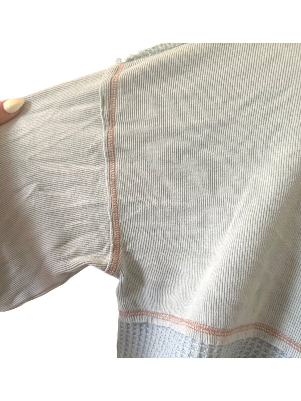 POL Oversized Alexa Pieced Waffle Knit Henley In Dusty Aqua & Sage Med Long Slv - Picture 5 of 5